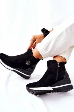 Hot Boto Zamszowe Botki Na Koturnie Czarne Lunelle