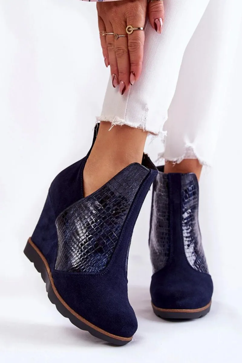 Best Zamszowe Botki Na Koturnie Krokodyli Wzór Granatowe Alda Damskie Botki Wiosenne|Botki Na Koturnie