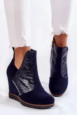 Best Zamszowe Botki Na Koturnie Krokodyli Wzór Granatowe Alda Damskie Botki Wiosenne|Botki Na Koturnie