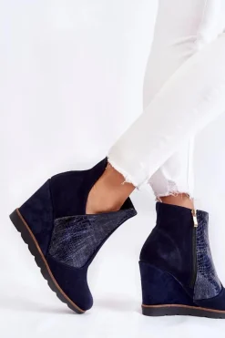 Best Zamszowe Botki Na Koturnie Krokodyli Wzór Granatowe Alda Damskie Botki Wiosenne|Botki Na Koturnie