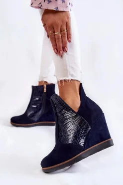 Best Zamszowe Botki Na Koturnie Krokodyli Wzór Granatowe Alda Damskie Botki Wiosenne|Botki Na Koturnie
