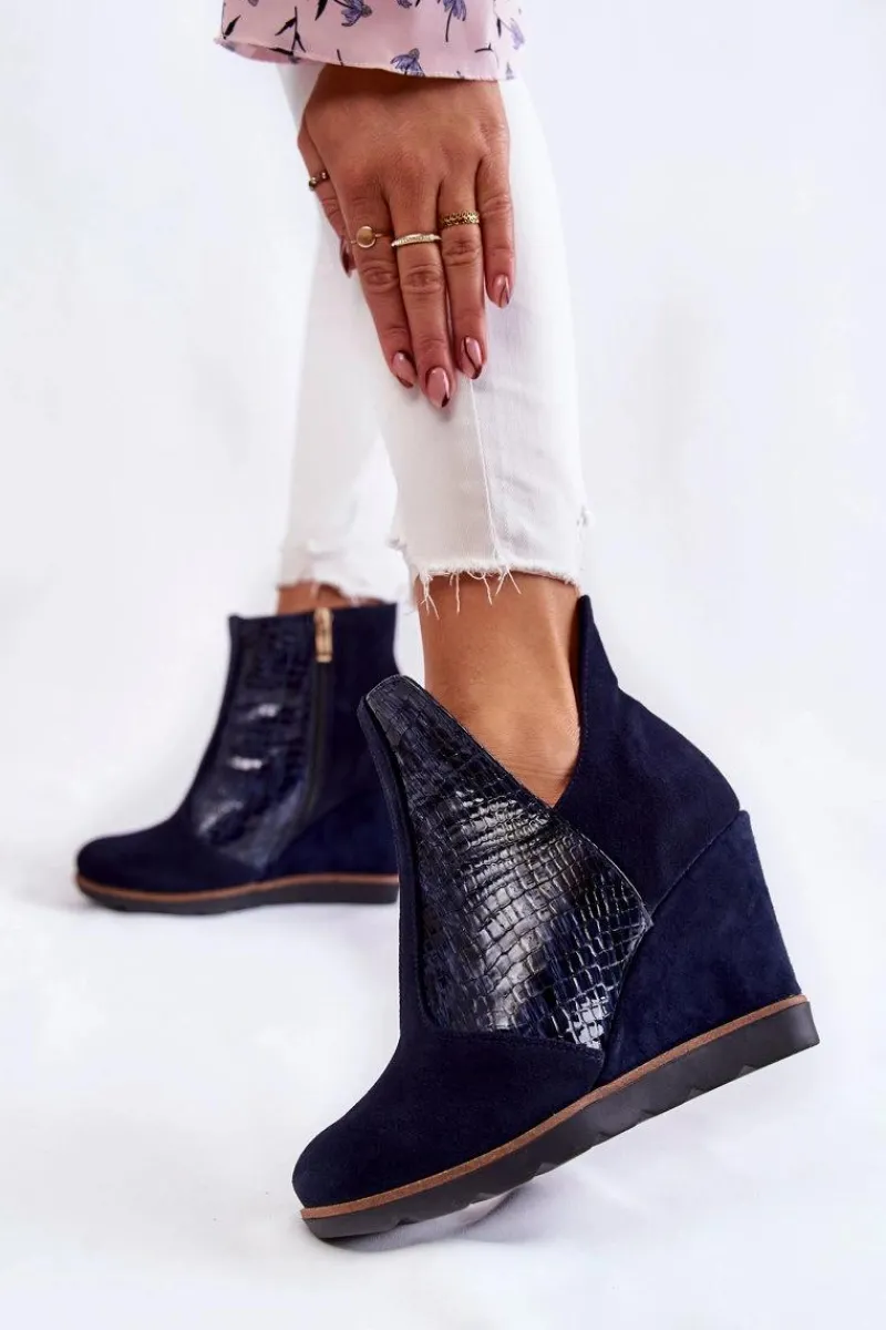 Best Zamszowe Botki Na Koturnie Krokodyli Wzór Granatowe Alda Damskie Botki Wiosenne|Botki Na Koturnie
