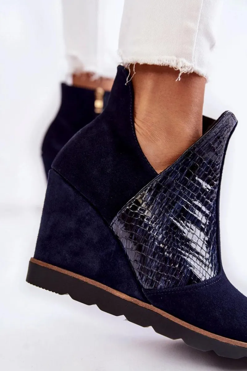 Best Zamszowe Botki Na Koturnie Krokodyli Wzór Granatowe Alda Damskie Botki Wiosenne|Botki Na Koturnie