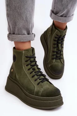 Hot Maciejka Zamszowe Botki Na Masywnej Platformie 06309-24 Oliwkowe