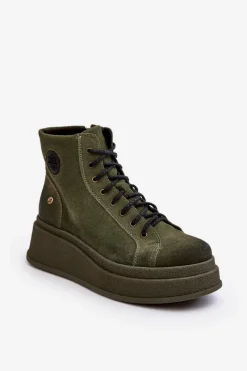 Hot Maciejka Zamszowe Botki Na Masywnej Platformie 06309-24 Oliwkowe