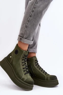Hot Maciejka Zamszowe Botki Na Masywnej Platformie 06309-24 Oliwkowe
