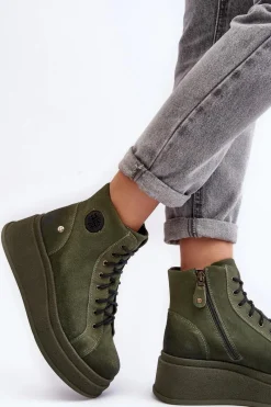 Hot Maciejka Zamszowe Botki Na Masywnej Platformie 06309-24 Oliwkowe