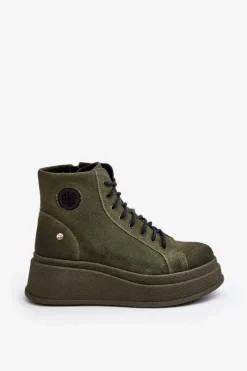 Hot Maciejka Zamszowe Botki Na Masywnej Platformie 06309-24 Oliwkowe