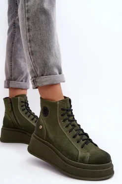 Hot Maciejka Zamszowe Botki Na Masywnej Platformie 06309-24 Oliwkowe