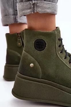 Hot Maciejka Zamszowe Botki Na Masywnej Platformie 06309-24 Oliwkowe