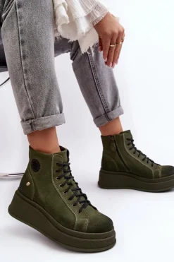 Hot Maciejka Zamszowe Botki Na Masywnej Platformie 06309-24 Oliwkowe