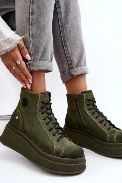 Hot Maciejka Zamszowe Botki Na Masywnej Platformie 06309-24 Oliwkowe