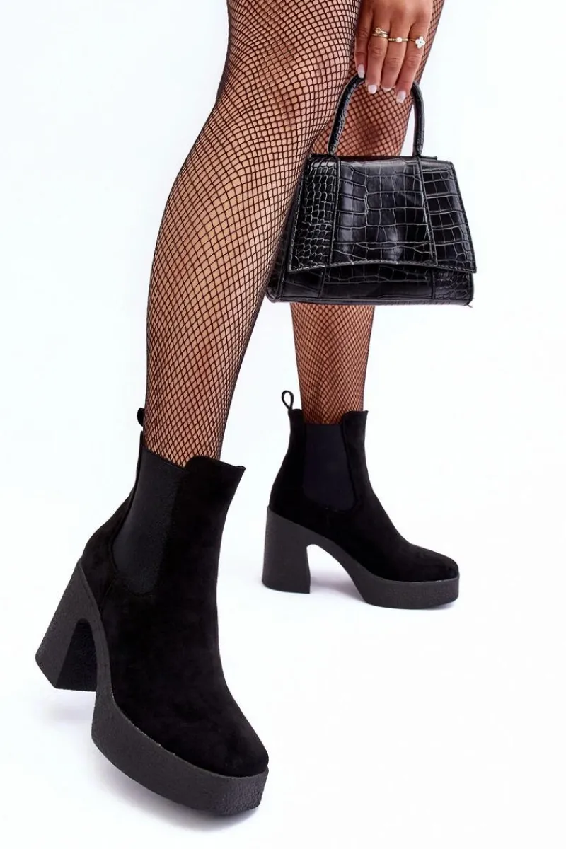 New Zamszowe Botki Na Masywnym Słupku Czarne Sunilda Damskie Botki Na Słupku|Brązowe I Beżowe Botki