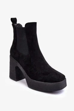 New Zamszowe Botki Na Masywnym Słupku Czarne Sunilda Damskie Botki Na Słupku|Brązowe I Beżowe Botki