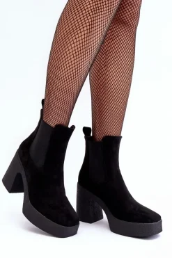 New Zamszowe Botki Na Masywnym Słupku Czarne Sunilda Damskie Botki Na Słupku|Brązowe I Beżowe Botki