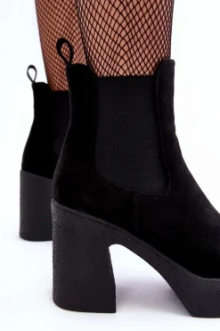 New Zamszowe Botki Na Masywnym Słupku Czarne Sunilda Damskie Botki Na Słupku|Brązowe I Beżowe Botki