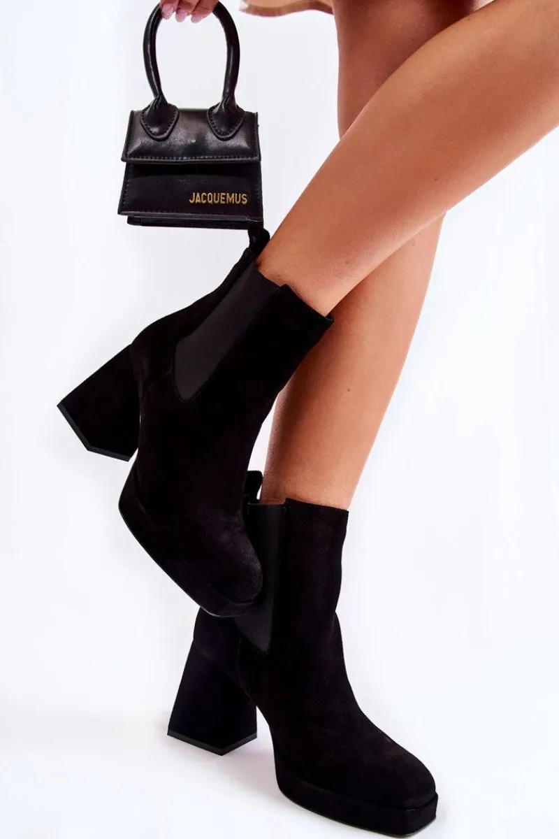 Botki Ocieplane|Czarne Botki>Laura Messi Zamszowe Botki Na Masywnym Obcasie 2519 Czarne Czarny