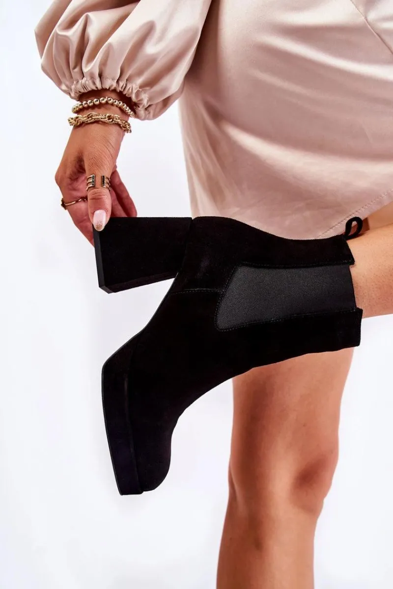 Botki Ocieplane|Czarne Botki>Laura Messi Zamszowe Botki Na Masywnym Obcasie 2519 Czarne Czarny