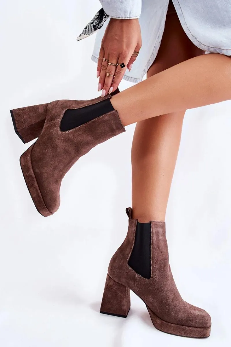 Best Zamszowe Botki Na Masywnym Obcasie 2519 Brązowe Damskie Botki Ocieplane|Czarne Botki