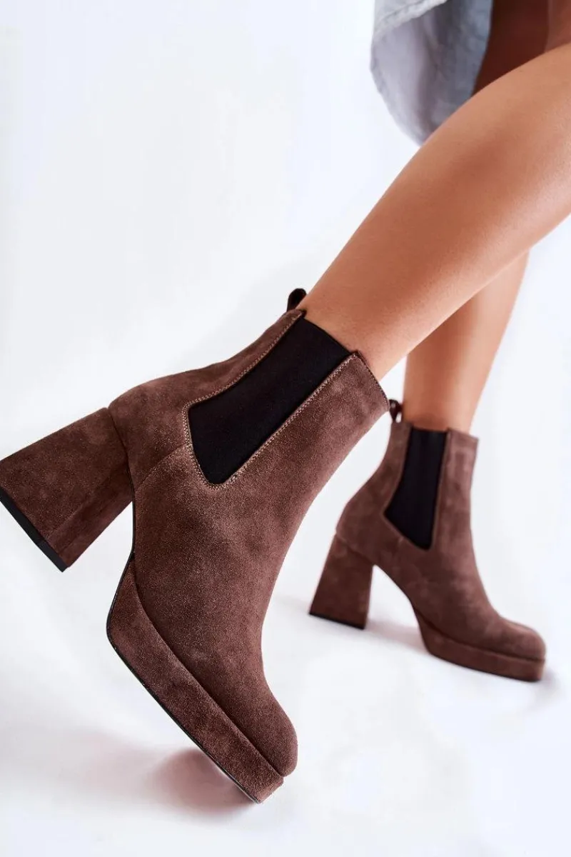 Best Zamszowe Botki Na Masywnym Obcasie 2519 Brązowe Damskie Botki Ocieplane|Czarne Botki