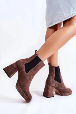 Best Zamszowe Botki Na Masywnym Obcasie 2519 Brązowe Damskie Botki Ocieplane|Czarne Botki