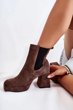 Best Zamszowe Botki Na Masywnym Obcasie 2519 Brązowe Damskie Botki Ocieplane|Czarne Botki