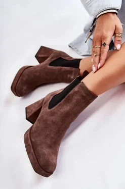 Best Zamszowe Botki Na Masywnym Obcasie 2519 Brązowe Damskie Botki Ocieplane|Czarne Botki