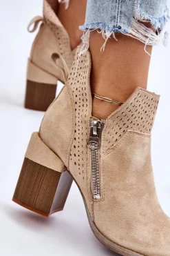Hot Zamszowe Botki Na Masywnym Obcasie Jasnobeżowe Camden Damskie Botki Wiosenne|Botki Na Słupku