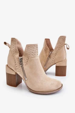 Hot Zamszowe Botki Na Masywnym Obcasie Jasnobeżowe Camden Damskie Botki Wiosenne|Botki Na Słupku