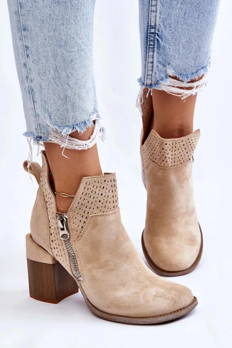 Hot Zamszowe Botki Na Masywnym Obcasie Jasnobeżowe Camden Damskie Botki Wiosenne|Botki Na Słupku