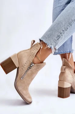Hot Zamszowe Botki Na Masywnym Obcasie Jasnobeżowe Camden Damskie Botki Wiosenne|Botki Na Słupku