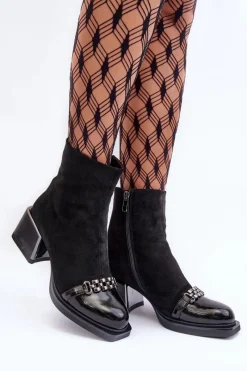 Zamszowe Botki Na Masywnym Klocku S.Barski MR870-70 Czarne Damskie Botki Zimowe Damskie|Botki Na Obcasie