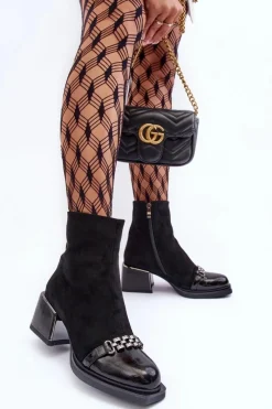 Zamszowe Botki Na Masywnym Klocku S.Barski MR870-70 Czarne Damskie Botki Zimowe Damskie|Botki Na Obcasie