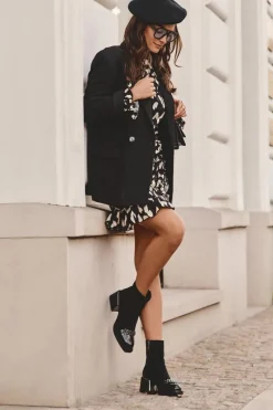 Zamszowe Botki Na Masywnym Klocku S.Barski MR870-70 Czarne Damskie Botki Zimowe Damskie|Botki Na Obcasie