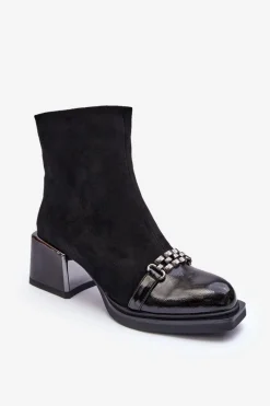 Zamszowe Botki Na Masywnym Klocku S.Barski MR870-70 Czarne Damskie Botki Zimowe Damskie|Botki Na Obcasie