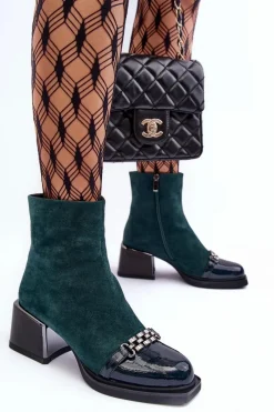 Outlet Damskie buty S.Barski Zamszowe Botki Na Masywnym Klocku S.Barski MR870-70 Zielone