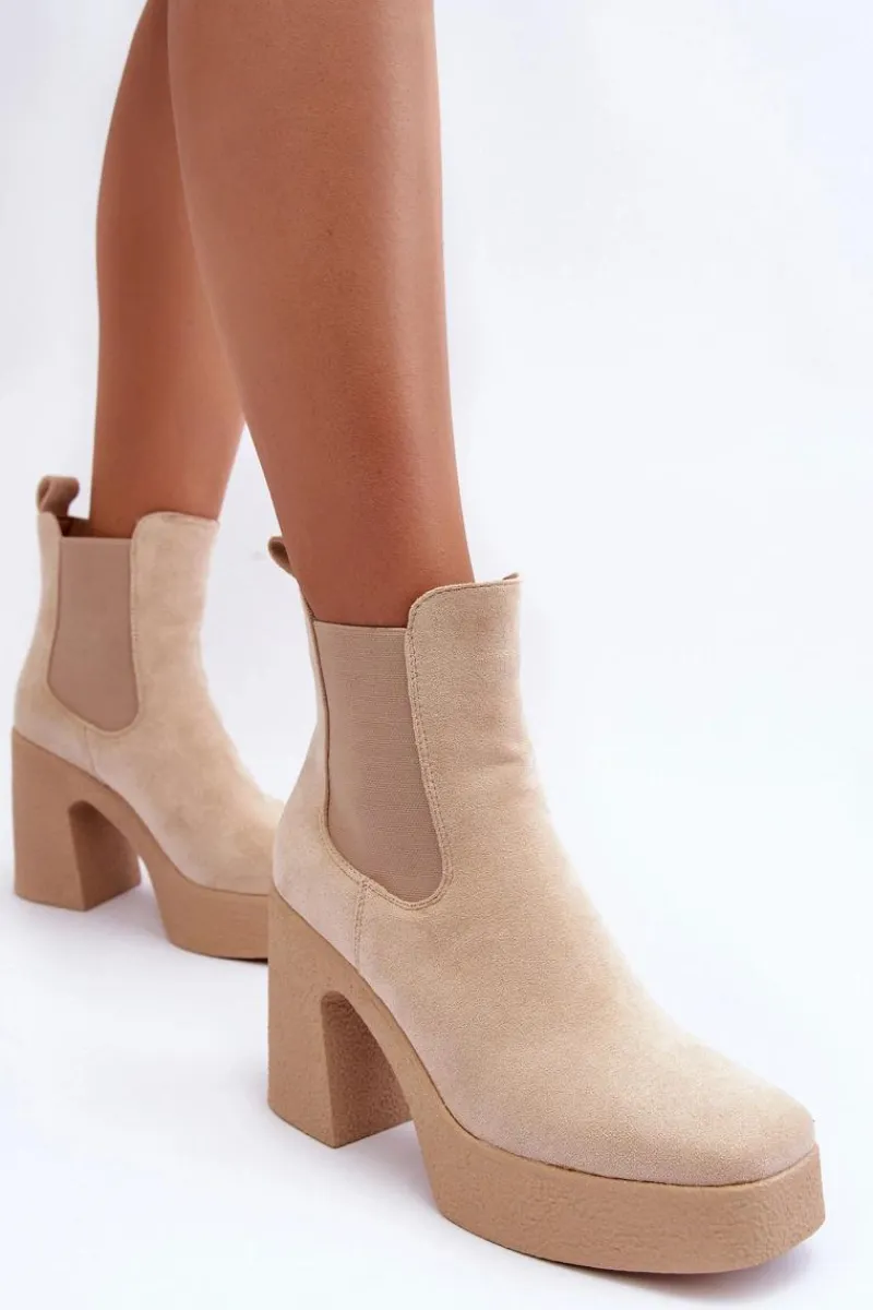Botki Na Słupku|Brązowe I Beżowe Botki>Boto Zamszowe Botki Na Masywnym Słupku Beżowe Sunilda