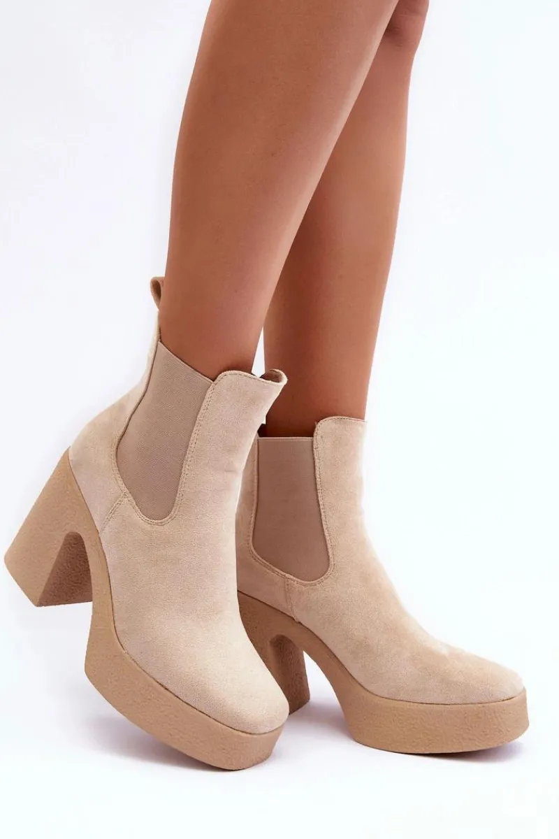 Botki Na Słupku|Brązowe I Beżowe Botki>Boto Zamszowe Botki Na Masywnym Słupku Beżowe Sunilda