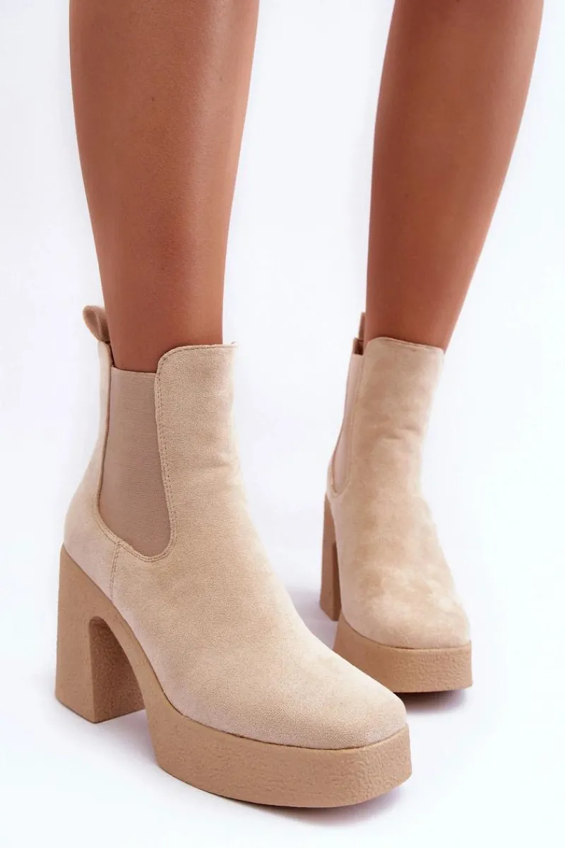 Botki Na Słupku|Brązowe I Beżowe Botki>Boto Zamszowe Botki Na Masywnym Słupku Beżowe Sunilda