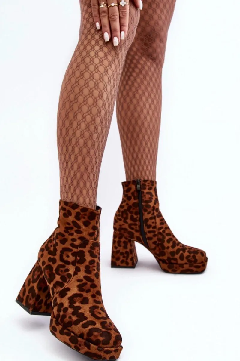 Hot Zamszowe Botki Na Masywnym Obcasie Zwierzęcy Wzór Brązowe Abnous Damskie Botki Na Słupku|Brązowe I Beżowe Botki