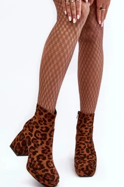 Hot Zamszowe Botki Na Masywnym Obcasie Zwierzęcy Wzór Brązowe Abnous Damskie Botki Na Słupku|Brązowe I Beżowe Botki