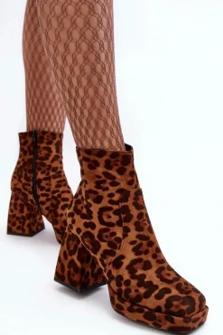 Hot Zamszowe Botki Na Masywnym Obcasie Zwierzęcy Wzór Brązowe Abnous Damskie Botki Na Słupku|Brązowe I Beżowe Botki