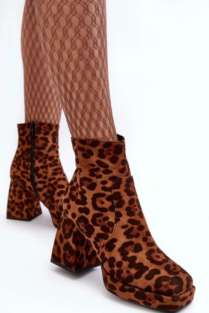 Hot Zamszowe Botki Na Masywnym Obcasie Zwierzęcy Wzór Brązowe Abnous Damskie Botki Na Słupku|Brązowe I Beżowe Botki