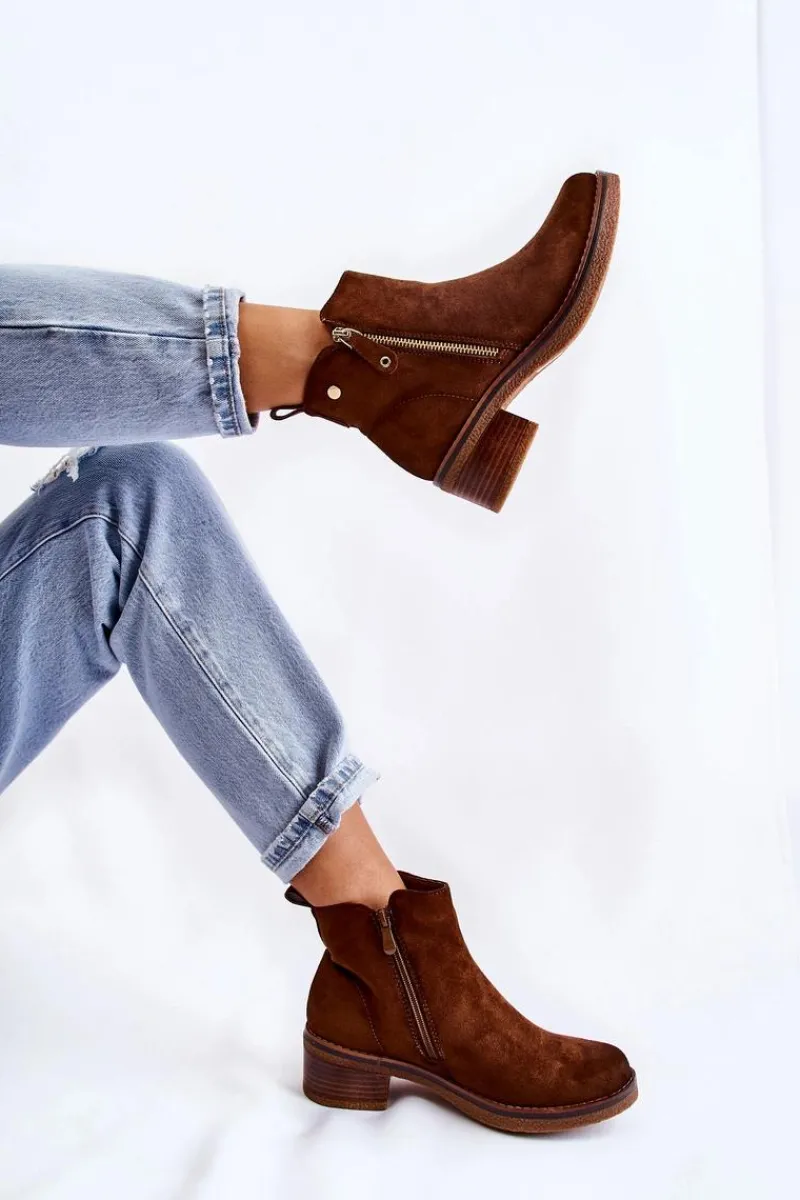 Botki Na Słupku|Botki Zimowe Damskie>Boto Zamszowe Botki Na Niskim Słupku Brązowe Laurisa