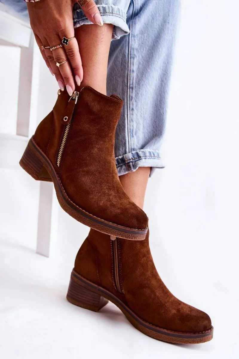 Botki Na Słupku|Botki Zimowe Damskie>Boto Zamszowe Botki Na Niskim Słupku Brązowe Laurisa