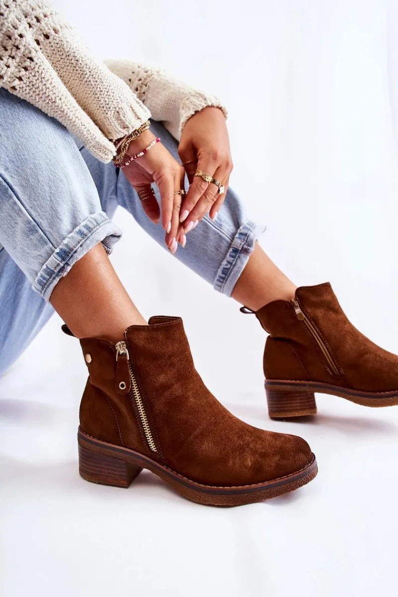 Botki Na Słupku|Botki Zimowe Damskie>Boto Zamszowe Botki Na Niskim Słupku Brązowe Laurisa