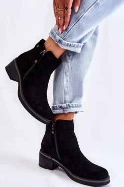 Best Zamszowe Botki Na Niskim Słupku Czarne Laurisa Damskie Botki Na Słupku|Czarne Botki
