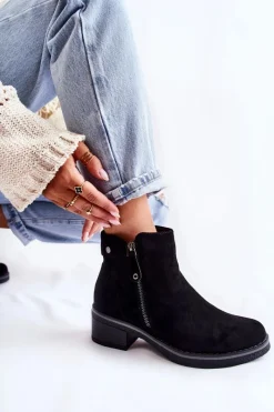 Best Zamszowe Botki Na Niskim Słupku Czarne Laurisa Damskie Botki Na Słupku|Czarne Botki