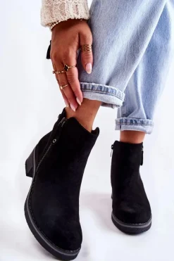 Best Zamszowe Botki Na Niskim Słupku Czarne Laurisa Damskie Botki Na Słupku|Czarne Botki