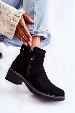Best Zamszowe Botki Na Niskim Słupku Czarne Laurisa Damskie Botki Na Słupku|Czarne Botki